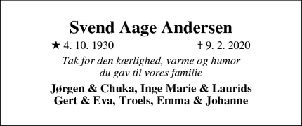Dødsannoncen for Svend Aage Andersen - Stoholm