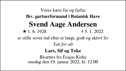 Dødsannoncen for Svend Aage Andersen - København Ø