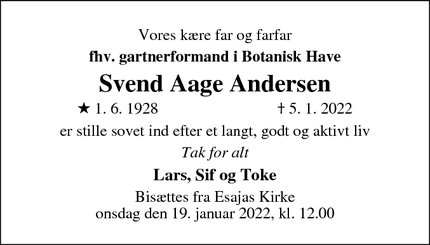 Dødsannoncen for Svend Aage Andersen - København Ø