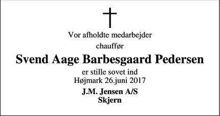 Dødsannoncen for Svend Aage Barbesgaard Pedersen - Højmark