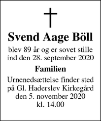 Dødsannoncen for Svend Aage Böll - Vojens 