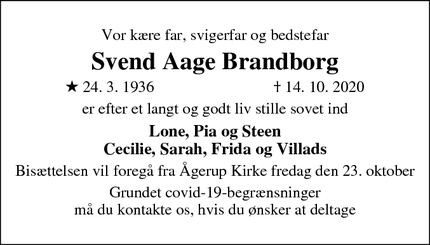 Dødsannoncen for Svend Aage Brandborg - Arnakke