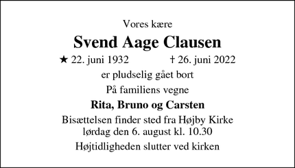 Dødsannoncen for Svend Aage Clausen - Odense højby