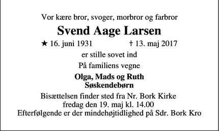 Dødsannoncen for Svend Aage Larsen - Nr. Bork