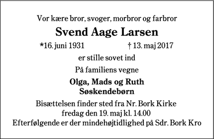 Dødsannoncen for Svend Aage Larsen - Nr. Bork