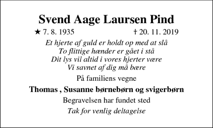 Dødsannoncen for Svend Aage Laursen Pind - Boeslunde