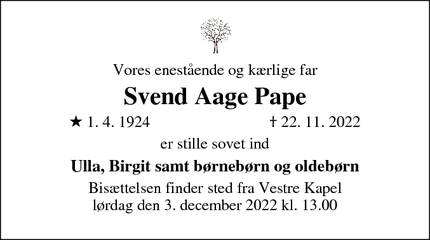 Dødsannoncen for Svend Aage Pape - Horsens