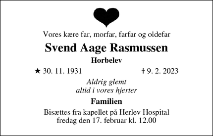 Dødsannoncen for Svend Aage Rasmussen - Kbh. N