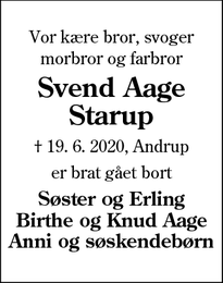 Dødsannoncen for Svend Aage Starup - Andrup