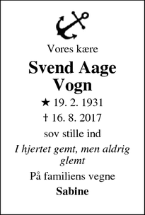 Dødsannoncen for Svend Aage Vogn  - Vejle
