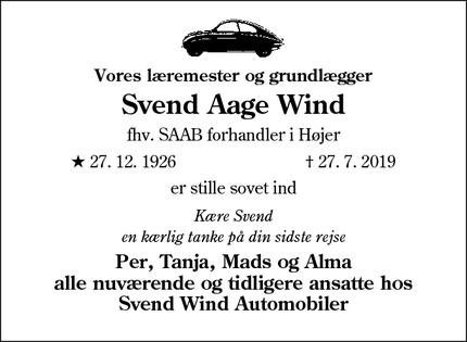 Dødsannoncen for Svend Aage Wind - Højer
