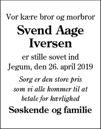 Dødsannoncen for Svend Aage
Iversen - Jegum, Oksbøl 6840 