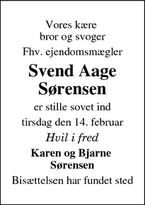 Dødsannoncen for Svend Aage
Sørensen - Fredericia