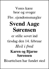 Dødsannoncen for Svend Aage
Sørensen - Fredericia