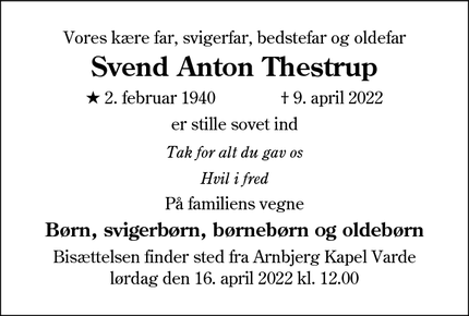 Dødsannoncen for Svend Anton Thestrup - Varde