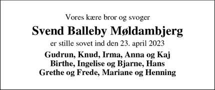 Dødsannoncen for Svend Balleby Møldambjerg - Nørlem