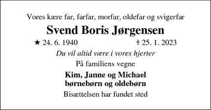 Dødsannoncen for Svend Boris Jørgensen - Dragør