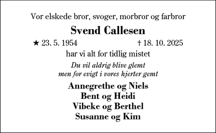 Dødsannoncen for Svend Callesen - Herning