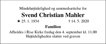 Dødsannoncen for Svend Christian Mahler - Rødekro