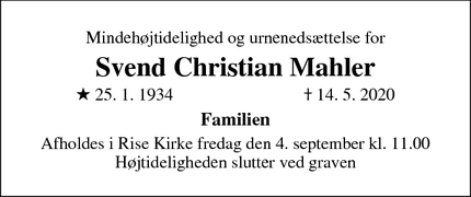 Dødsannoncen for Svend Christian Mahler - Rødekro