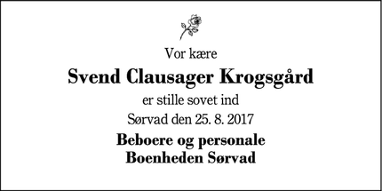 Dødsannoncen for Svend Clausager Krogsgård - Sørvad