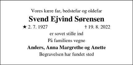 Dødsannoncen for Svend Ejvind Sørensen - Virum