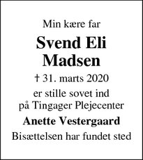 Dødsannoncen for Svend Eli Madsen - Ringe