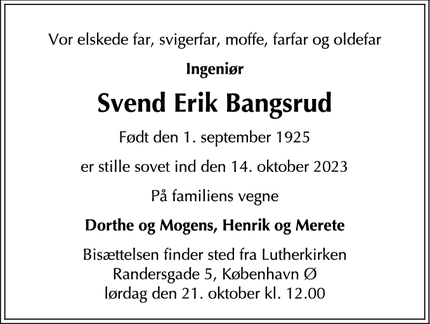 Dødsannoncen for Svend Erik Bangsrud - København