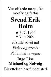 Dødsannoncen for Svend Erik Holm - Randers SØ