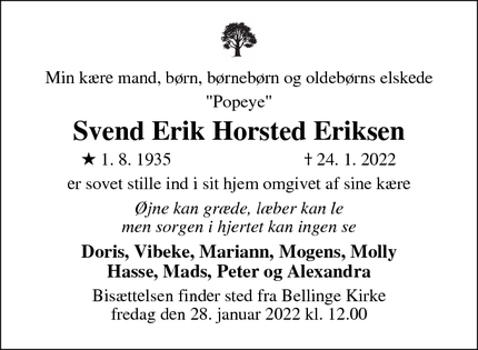 Dødsannoncen for Svend Erik Horsted Eriksen - Bellinge