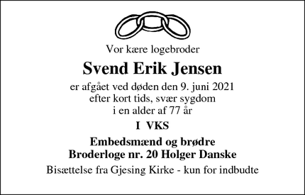 Dødsannoncen for Svend Erik Jensen - Esbjerg