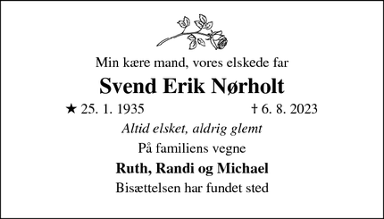Dødsannoncen for Svend Erik Nørholt - Ejby, 4070 Kirke Hyllinge