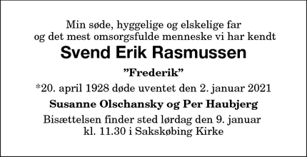 Dødsannoncen for Svend Erik Rasmussen - Sakskøbing