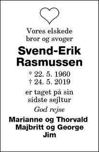 Dødsannoncen for Svend-Erik Rasmussen - Gedser