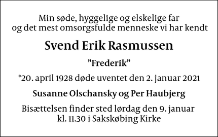 Dødsannoncen for Svend Erik Rasmussen - Sakskøbing