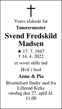 Dødsannoncen for Svend Fredskild
Madsen - Farum