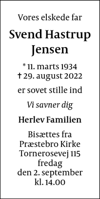 Dødsannoncen for Svend Hastrup
Jensen - Bagsværd