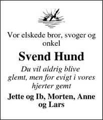 Dødsannoncen for Svend Hund  - Hvide Sande