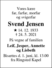 Dødsannoncen for Svend Jensen - København V