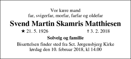 Dødsannoncen for Svend Martin Skamris Matthiesen - Roskilde
