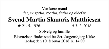 Dødsannoncen for Svend Martin Skamris Matthiesen - Roskilde