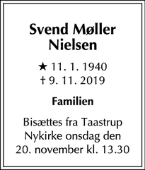 Dødsannoncen for Svend Møller
Nielsen - Tåstrup
