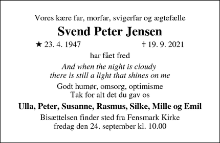 Dødsannoncen for Svend Peter Jensen - Fensmark 