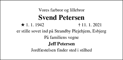 Dødsannoncen for Svend Petersen - Esbjerg