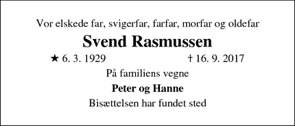 Dødsannoncen for Svend Rasmussen - Hillerød