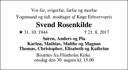 Dødsannoncen for Svend Rosenkilde - Frederiksberg