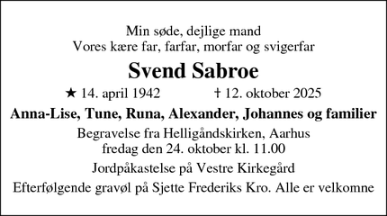 Dødsannoncen for Svend Sabroe - 8210 Aarhus V