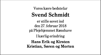 Dødsannoncen for Svend Schmidt - Nordborg