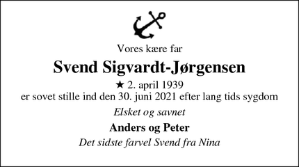 Dødsannoncen for Svend Sigvardt-Jørgensen - Frederiksberg