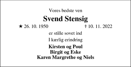 Dødsannoncen for Svend Stensig - Ringkøbing